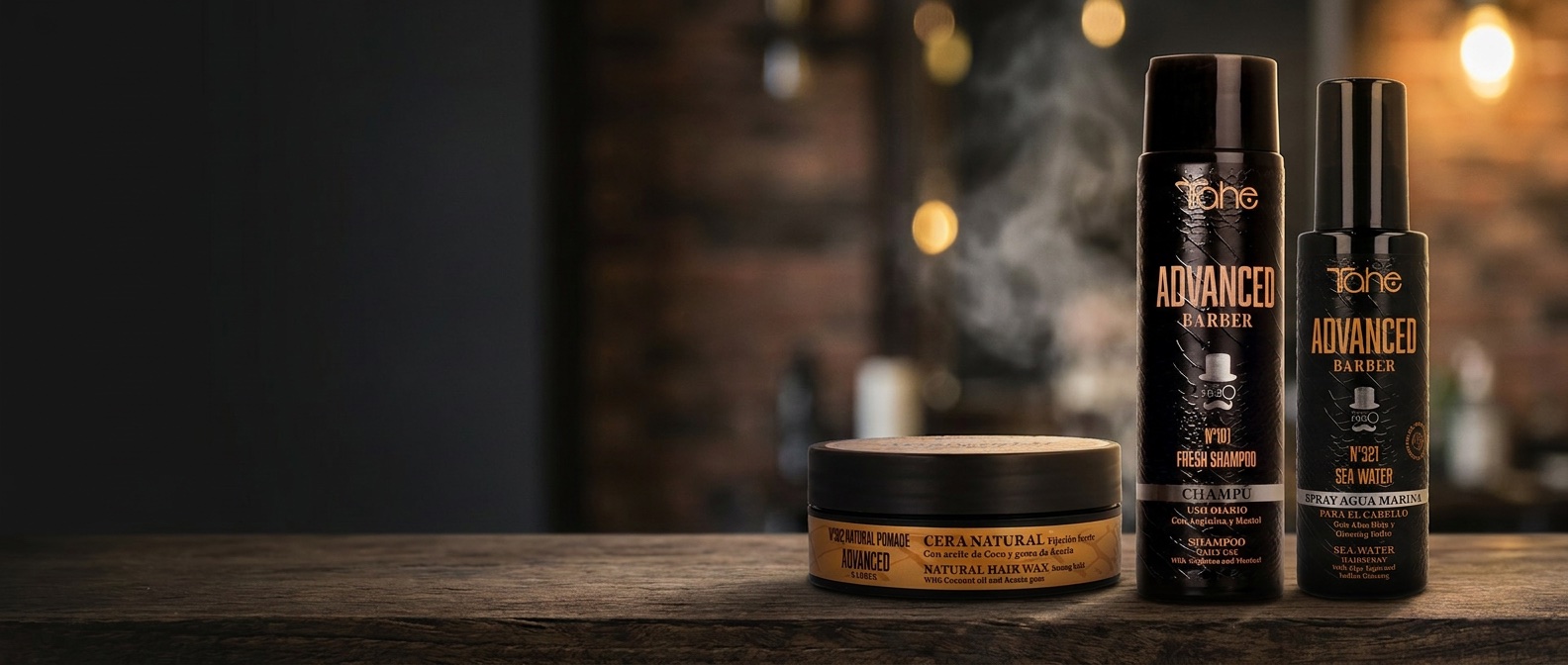 Productos Advanced Barber de Tahe sobre la barra de una barbería